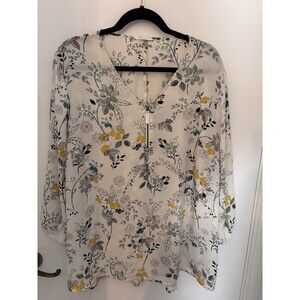 Maurices Cream Floral V-neck Blouse with Yellow & Green Accents
